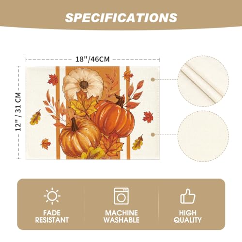 Pumpkin Leaves Fall Placemat Set of 4 - 12 x 18 Inch Rectangular Orange