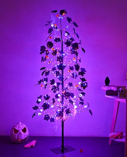5FT Lighted Halloween Tree with 518 LED Twinkle Lights and Ornaments - Indoor Outdoor Spooky Decor