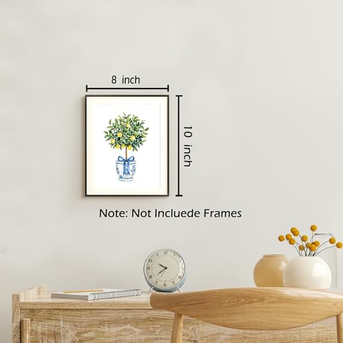 Chinoiserie Wall Art Set of 4 - Blue and White Lemon Tree Prints 8x10 Unframed