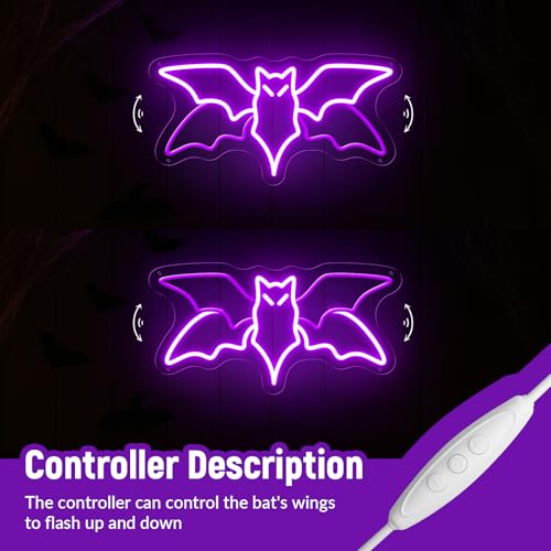 15IN Purple Bat Neon Sign Halloween Wall Decor - 3D Animated LED Light for Bedroom & Party