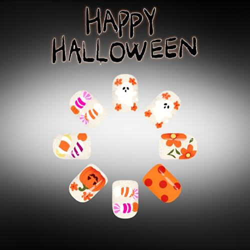 Halloween Press-On Nails Short Square Fake Nails Pumpkin Ghost with Flower Design - Orange Candy Variation 24Pcs