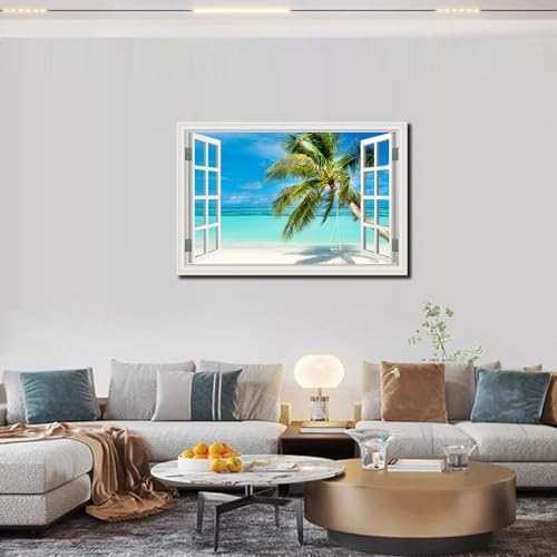 Beach Palm Tree Wall Art Canvas - 36x24 Inch Seascape Print with Fake Window Frame - Tropical Beach Decor