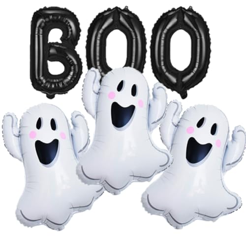 White Ghost Foil Balloons Set with BOO Letters Halloween Party Decorations - 6 Pieces
