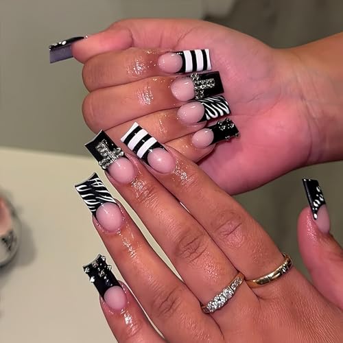 Long Press on Nails Square Fake Nails - Multicolor Y2K Stripes 24pcs - Natural Fit & Salon Quality