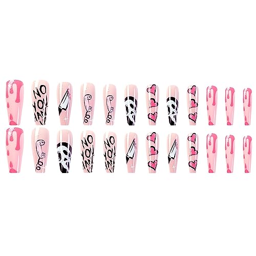 Halloween Fake Nails Long Coffin Pink False Nails with Ghost & Heart Designs Style-5 - 24 pcs