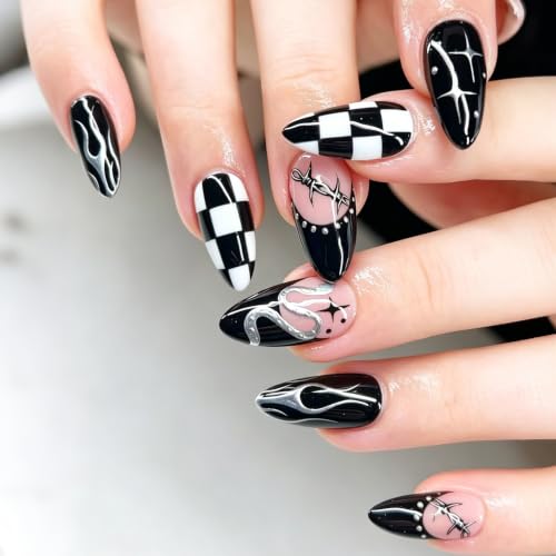 Gothic Press On Nails Set - Medium Almond Black 3D Chrome Metallic Fake Nails - Variation Gothic-1
