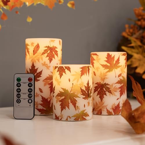 Fall Flameless Candles with Remote Control, Maple-Wax Autumn Set of 3