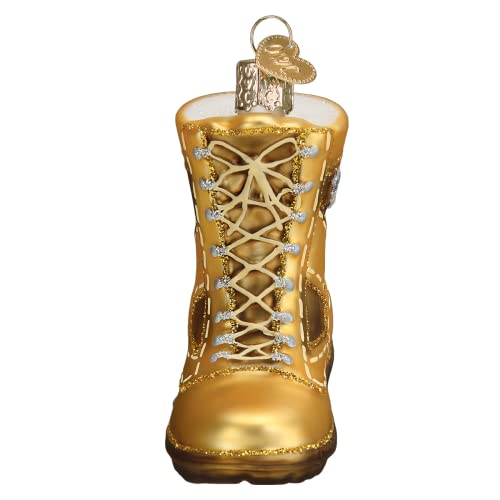Military Boot Glass Ornament - Gold Combat Boot with Flag Patch, 3x2.75 Inches, Handcrafted Holiday Decor
