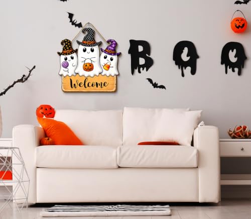 Halloween Wooden Door Sign Cute Ghosts Welcome Plaque Decor