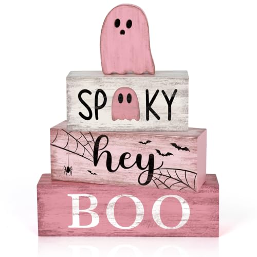 Pink Halloween Wooden Table Decorations Set - Double Sided Ghost & Spooky Signs, Farmhouse Style - Variation of THIS listing