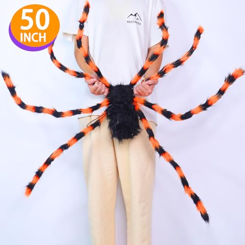 Giant Halloween Spider Decorations with 8 Light Modes & 30 LED Lights - Orange Black, 50 Inch, 2 Pack