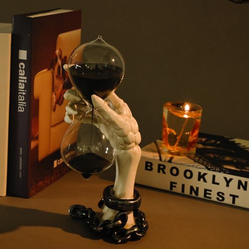 White Skeleton Hands Hourglass Figurine with Black Sand Halloween Decor