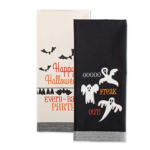 Halloween Spooky Kitchen Towel Set Bats & Ghosts - 2 Cotton Dishtowels 18x28