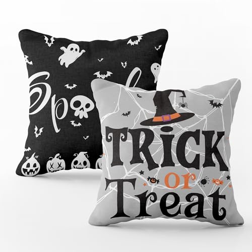 Halloween Pillow Covers 18x18 Black Skeleton Ghost Pumpkin Trick or Treat Decor Set - 2 PCS