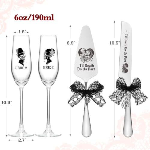 Gothic Wedding Cake Server Set with Skull Engraving & Champagne Glasses