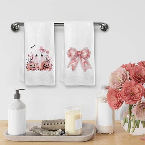 Pink Ghost Halloween Kitchen Towels & Dishcloths Set of 2 - Cute Fall Home Decor