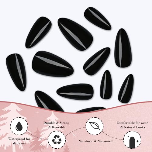 Black Almond Press-On Nails Set - Short Stiletto Fake Nail Tips for Manicure
