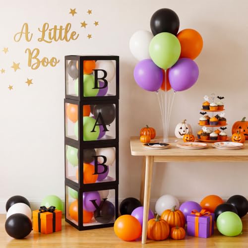 Halloween Baby Shower Decorations Set with Balloons & Clear Balloon Boxes - Baby Gender Reveal Party Supplies