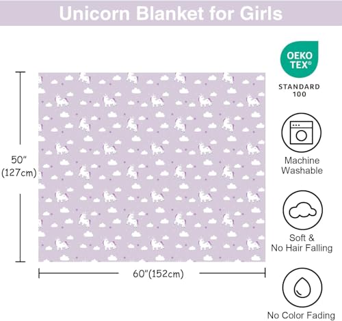 Kids Unicorn Blanket - Light Purple 50x60 Inches Soft Flannel Throw