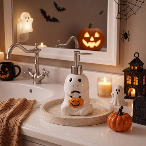 Potchen Ghost and Pumpkin Ceramic Soap Dispenser Halloween Decor - Whimsical Pump for Bathroom & Kitchen