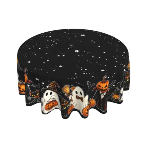Halloween Round Tablecloth 60 Inch Ghost & Jack-o'-Lantern Design Water-Resistant Washable Table Cover - Black Cats Variation