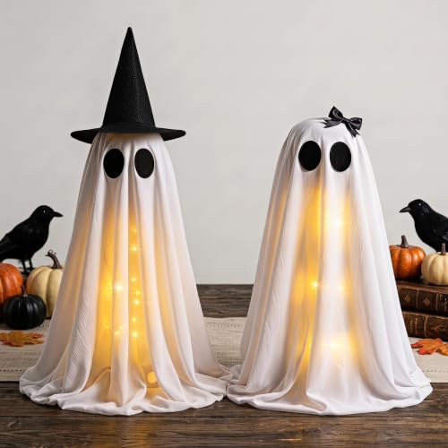 Lighted Ghost Halloween Decorations Set - 2PCS Warm White Spooky Decor for Table Mantel Shelf