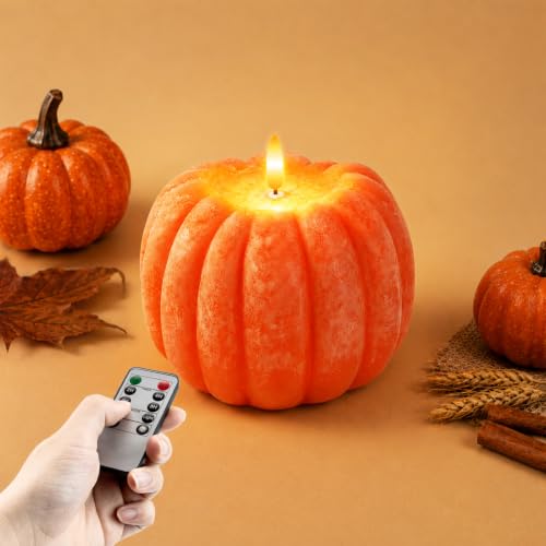 Large Flameless Pumpkin Candle - Real Wax Halloween Fall Decor, Orange
