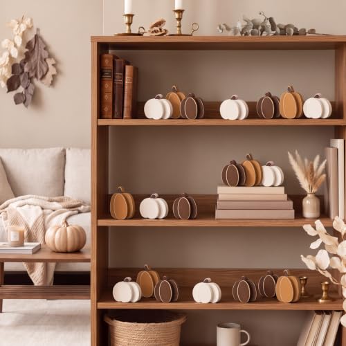 Brown Fall Wooden Pumpkin Decor Set - Rustic Neutral Harvest Table Centerpieces - 18 Pcs