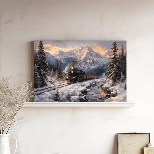 Winter Train Scenery Canvas Wall Art Poster - A01 18x12 Inches, Farmhouse & Living Room Decor