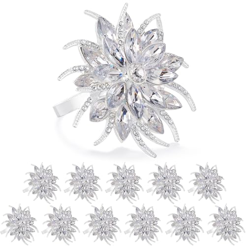 Flower Lotus Napkin Rings Set of 12 - Silver Elegant Rhinestone Decor for Weddings & Holidays