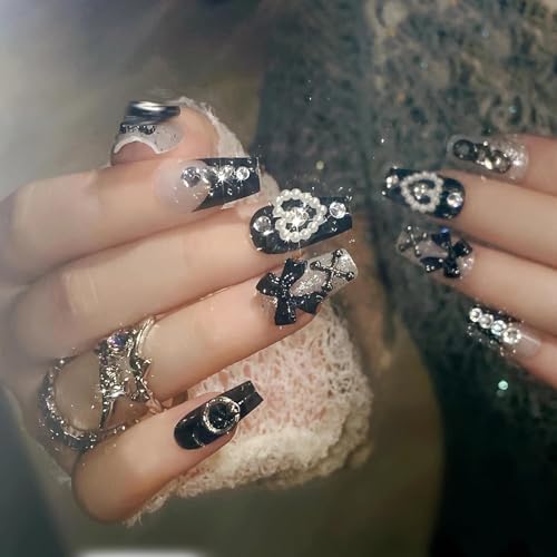 SINHOT Medium Square Press On Nails Set FN078001-00 Black & Pearl 24Pcs with Glue