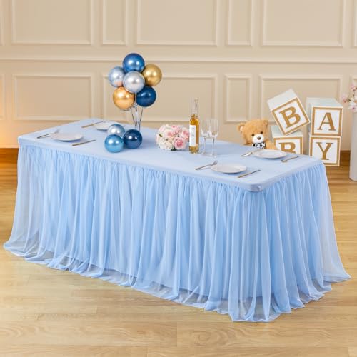 Baby Blue 6ft Rectangle Tablecloth with Ruffle Skirt - 2 Pack, Spandex & Tulle