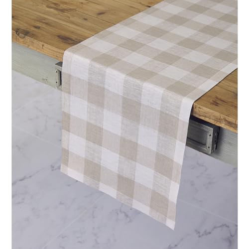 Linen Table Runner 14x120 Inches with Natural White Check - Handcrafted, Machine Washable