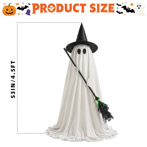 Outdoor Light Up Ghost with Witch Hat & Broom - 53 Inch Halloween Decor - White