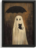 Ghost and Black Cat Wall Art - Framed Halloween Moody Scene 16x12 Inches
