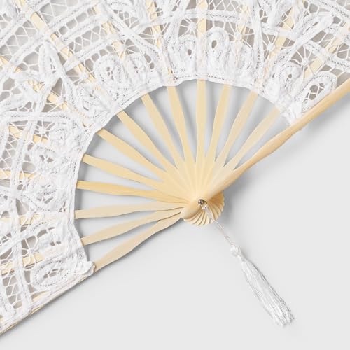 White Cotton Lace Folding Hand Fan with Bamboo Frame for Wedding & Party - Pack of 2 (Variation: One Size)