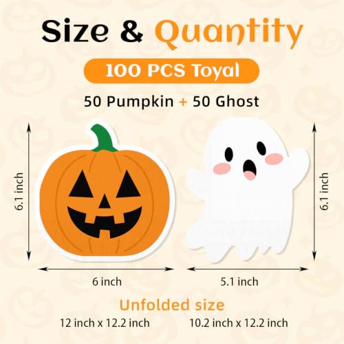 Halloween Ghost and Pumpkin Napkins Set - 100Pcs, Festive Disposable Tableware