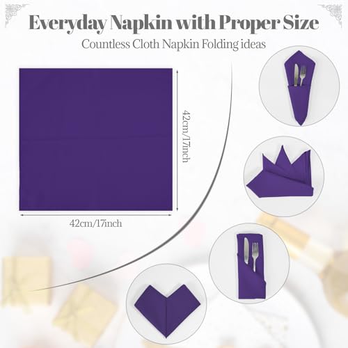 PLOYMONO Purple Cloth Napkins - 8 Pack 17x17 Inches Reusable Polyester
