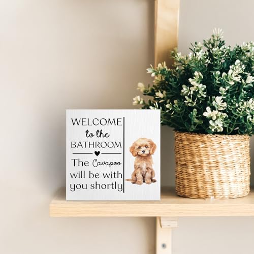 Funny Dog Sign Cavapoo Bathroom Decor - Welcome to The Bathroom Wooden Box Sign - Cavapoo Variation