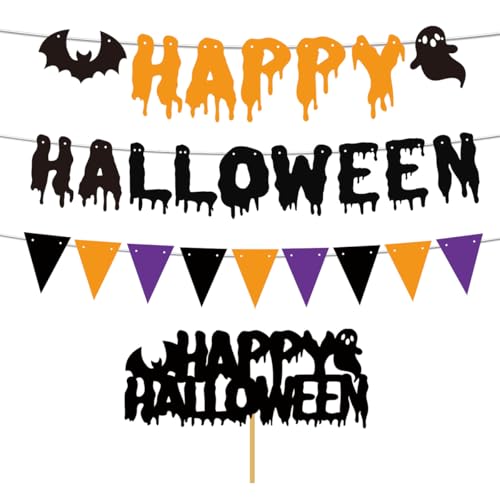 Halloween Bunting Banner with Triangle Flags and Bat Motifs - Pre-Assembled Wall & Party Decor