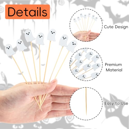 Halloween Ghost Bamboo Cocktail Picks - 100 Pack for Food & Drink Decoration