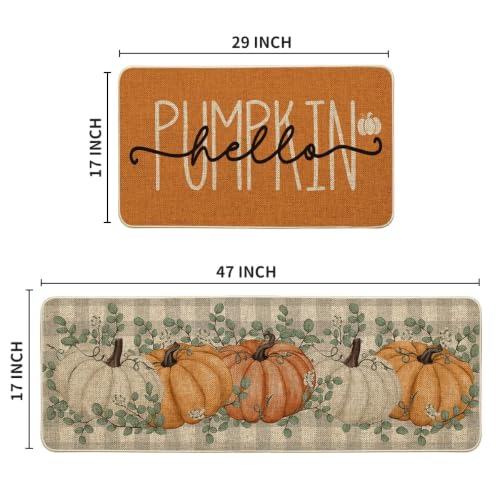 Orange Fall Kitchen Mats Set of 2 - 17x29 & 17x47 Non-Slip Decor