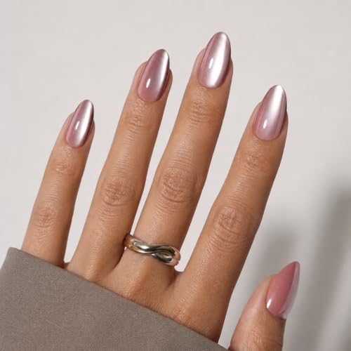 Cat Eye Press-On Nails - Mauve Short Almond Fake Nails - Metallic 5C