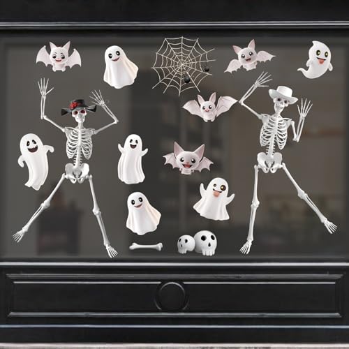Giant Skeleton Halloween Window Clings - Spooky Ghosts Bats & Bones - Reusable Decorations for Glass Doors & Windows