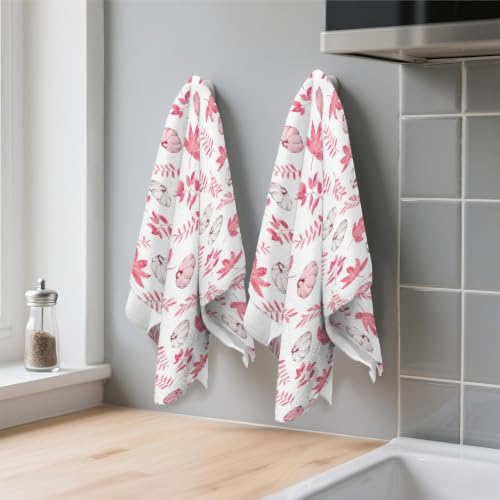 Dish Towels 9 Set of 2 - Fall Pink Maple Leaf Pumpkin Kitchen Hand Towels, 18x26 Inches, Thanksgiving Autumn Decor