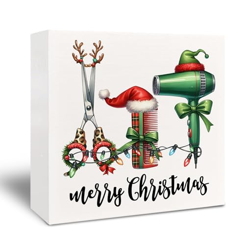 Christmas Salon Hair Wooden Sign - Barber Shop Decor, Gift, 5x5 Inch - Holiday Home Office Shelf Decoration