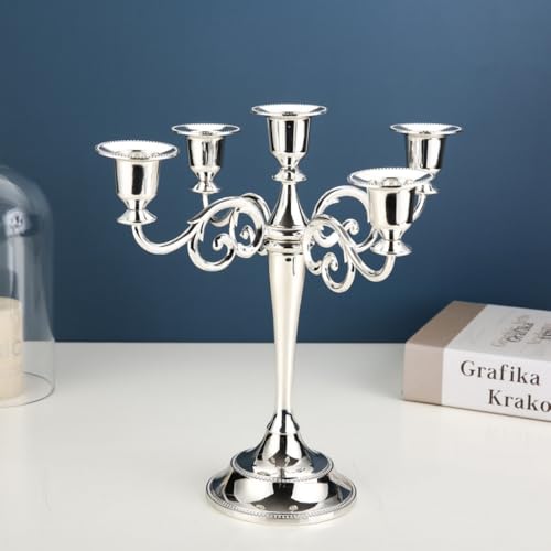 Silver Candle Candelabra for Pillar and Taper Candles 10.6 Inch Tall - Elegant 5-Light Decor