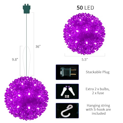 Purple 5.5-Inch Outdoor Hanging LED Sphere Lights - 50 LED Starlight Balls with Green Wire - Christmas & Holiday Decor