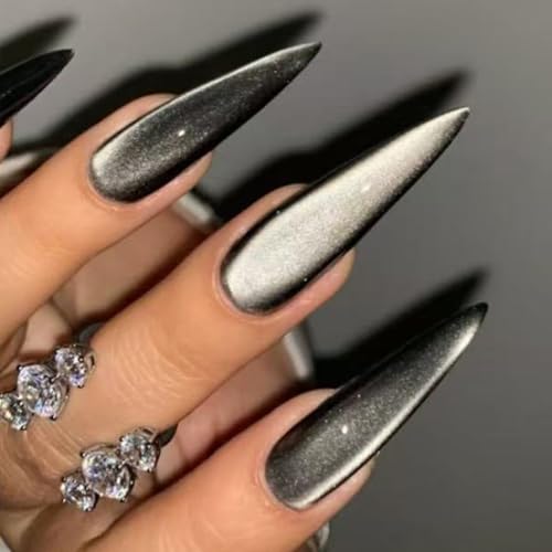 Long Stiletto Black Cat Eye Press On Nails with Glitter Design - Style-20, 24 Pcs