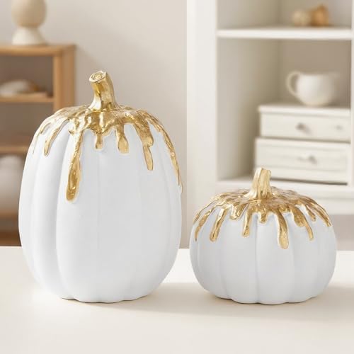White and Gold Fall Pumpkin Decor Set of 2 - WDS WONDROUS, Autumn Thanksgiving